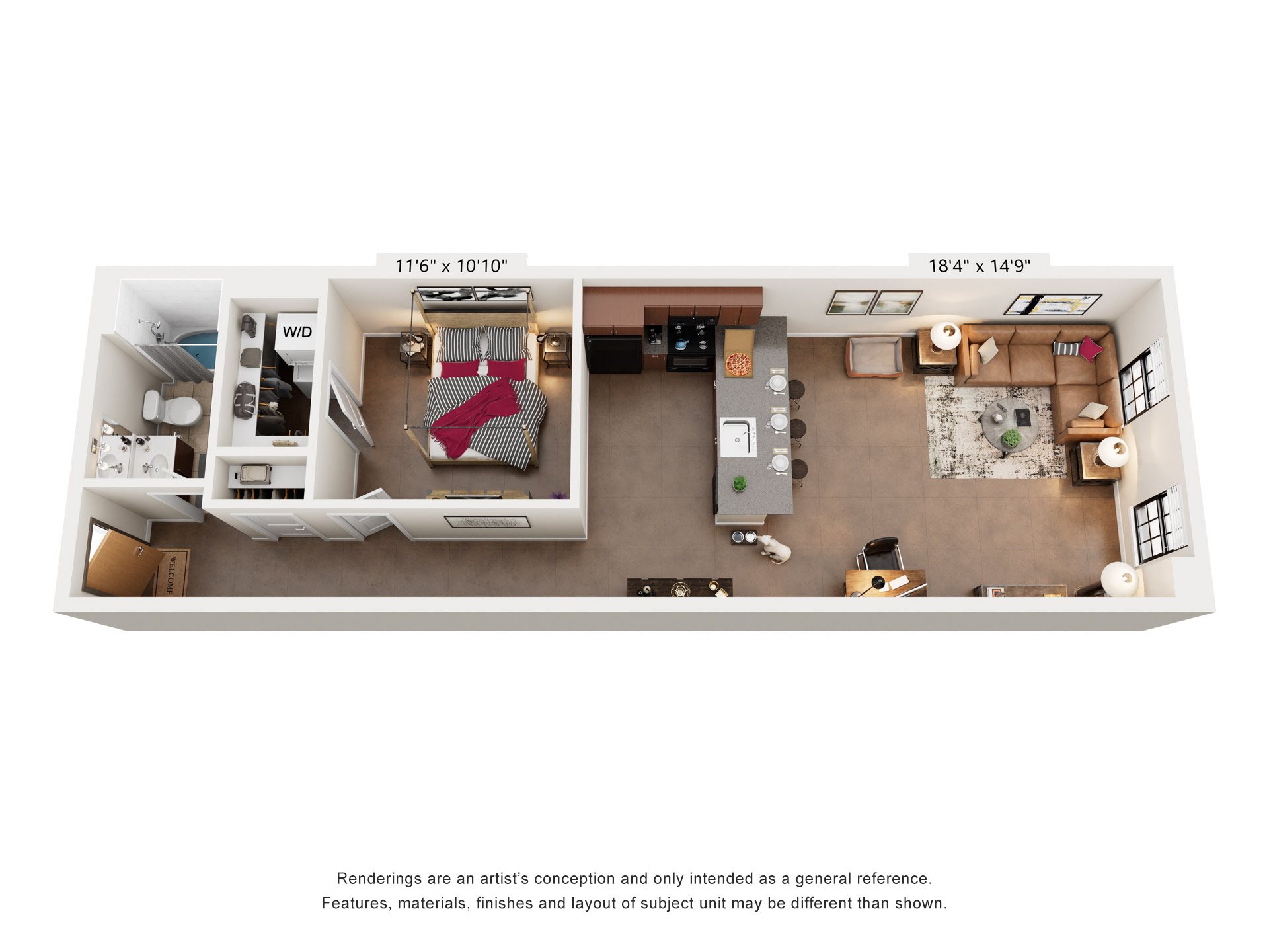 Floor plan for 1 bed, 1 bath, 780 sqft